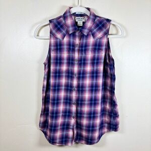 Ariat Real Billie Jean Heartland Plaid Shirt Sz S Purple Country Western Cowgirl